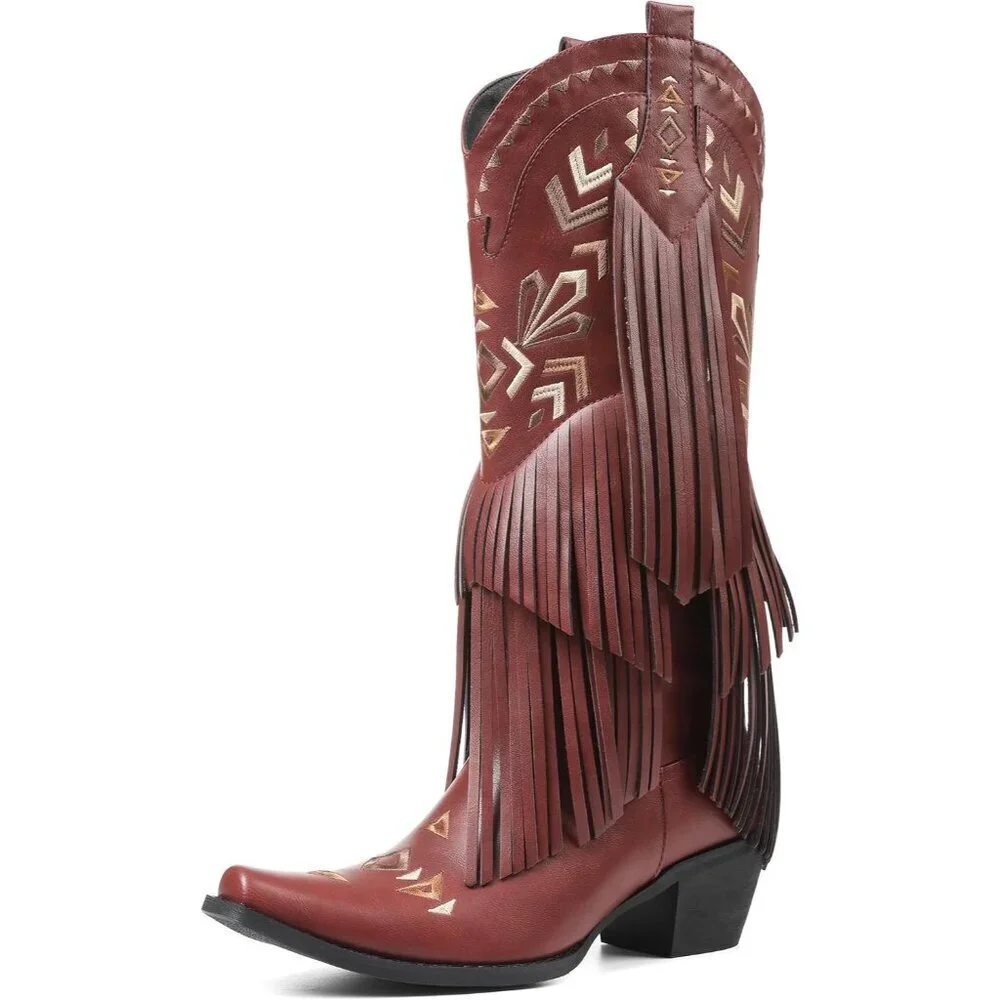 Women's Wine Red Cowgirl Boots Imported Polyester Knee High Pull-on Fringe Boots